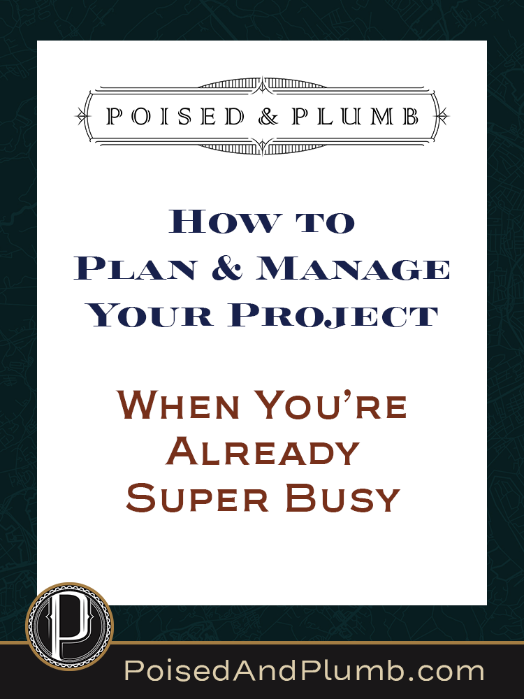 Poised & Plumb blog graphic with the text 'How to Plan and Manage Your Home Project When You’re Already Super Busy' The design features an elegant, structured layout with a dark background, white central panel, and a refined Poised & Plumb logo at the top. A professional yet inviting call-to-action for homeowners, designers, and contractors looking for project clarity.