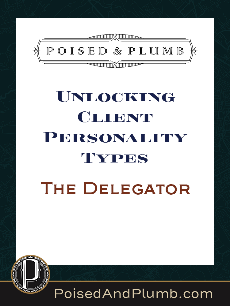 Poised & Plumb blog graphic with the text 'Unlocking Client Personality Types—The Analyzer' The design features an elegant, structured layout with a dark background, white central panel, and a refined Poised & Plumb logo at the top. A professional yet inviting call-to-action for homeowners, designers, and contractors looking for project clarity.