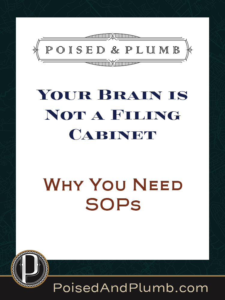 Cover image with text that reads Your Brain is Not a Filing Cabinet; Why You Need SOPs
